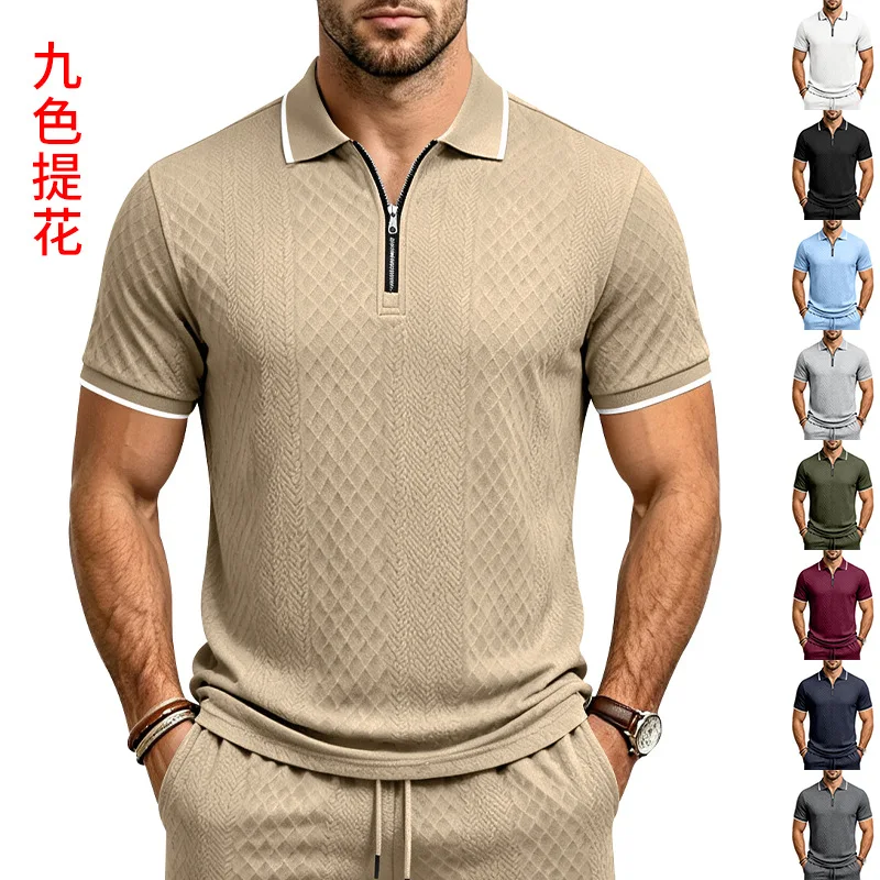 EU US Summer Heavyweight Jacquard Texture Color Block Polo Tee, Men Loose Casual Collar Zip Short Sleeve Tops Wholesale