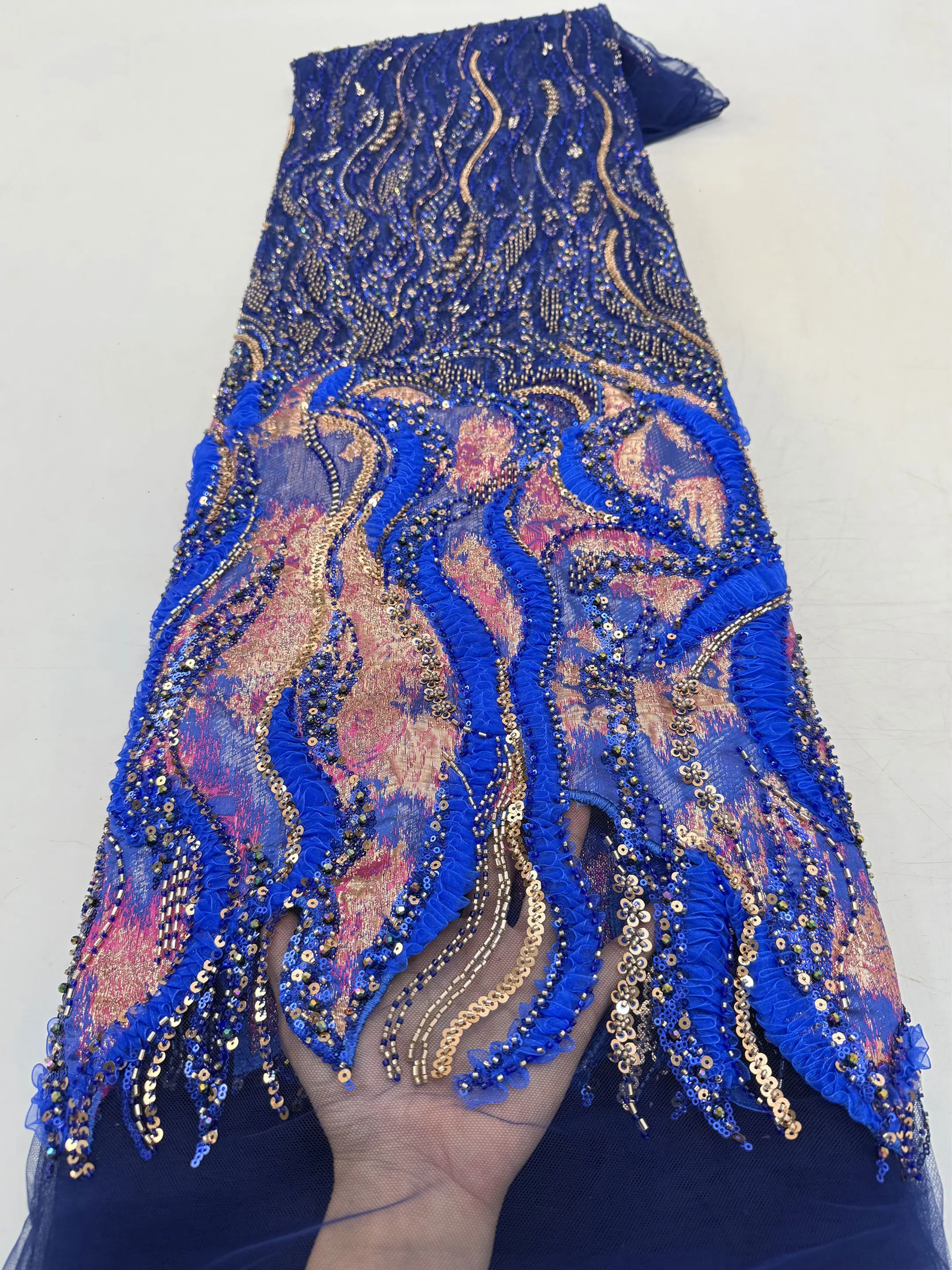 

Африканская нигерийская элегантная ткань, новейшее французское кружево из тюля, тяжелые бусины с пайетками, 5 ярдов, для шитья свадебных и праздничных платьев