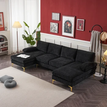 U-Shaped 4-Seat Indoor Modular Sofa Black Fabric Covered Sofa