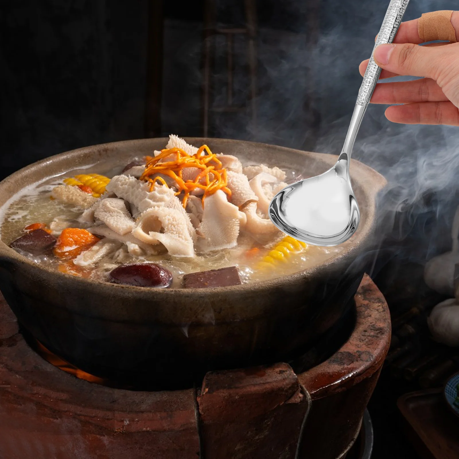 

Deep Soup Spoon Stainless Steel Hammered Finish Serving Spoon for Asian Soups Ramen and Stews Professional Kitchen Dining