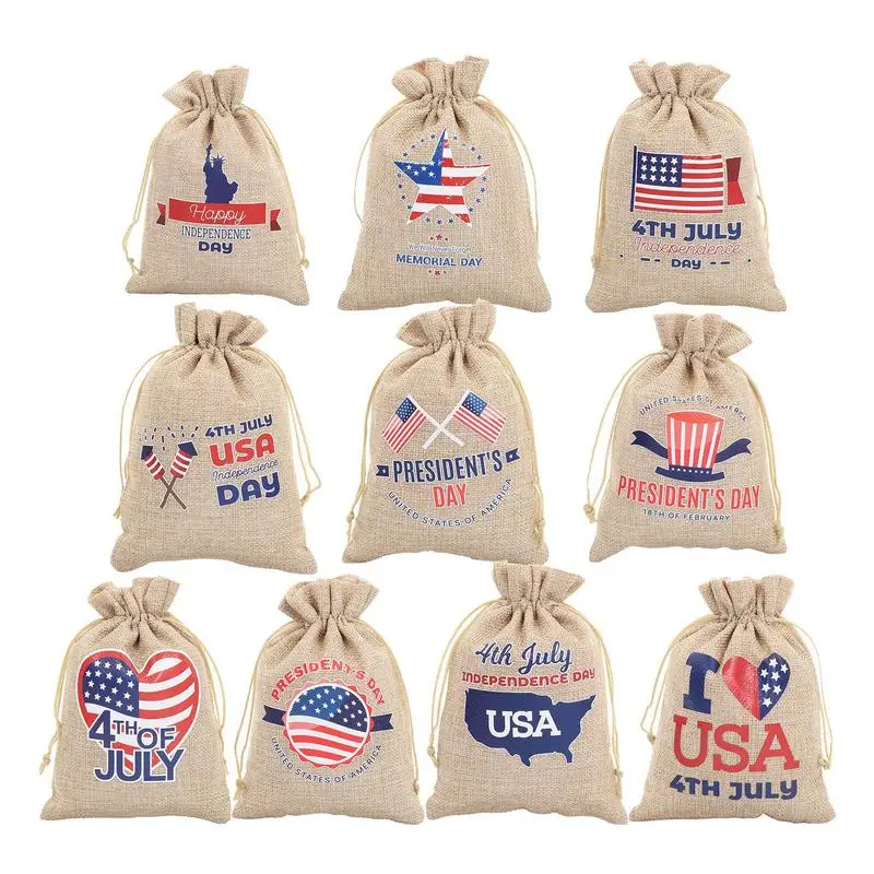 Patriotic Drawstring Burlap Bags 10pcs US Flag Bag Patriotic Stars Candy Goodie Treat Bag for US Independence Day Gift Bags