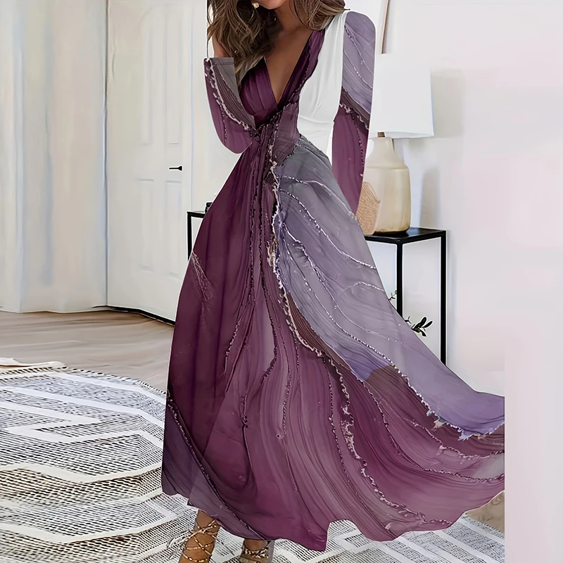 Sexy V Neck Long Sleeved Swing Dresses Elegant Color Collision Women's Long Dress Fashion Temperament V Neck Slim Banquet Dress