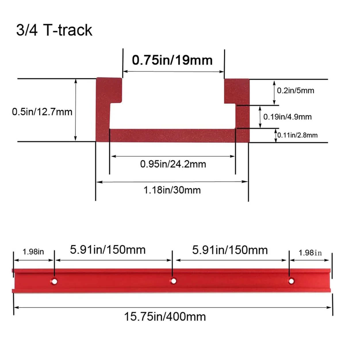 Double-Cut Profile 2pc Aluminum 400mm Double-Cut Profile Universal 3/4 T-Track with Predrilled Mounting Holes30 Type T Track