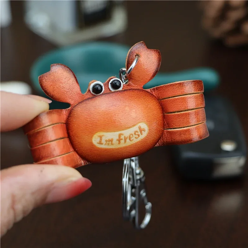 Head Layer Cowhide Leather Creative Small Crab Car Keychain Bag Charm Accessories Cute Crab Personalized Jewelry Gift