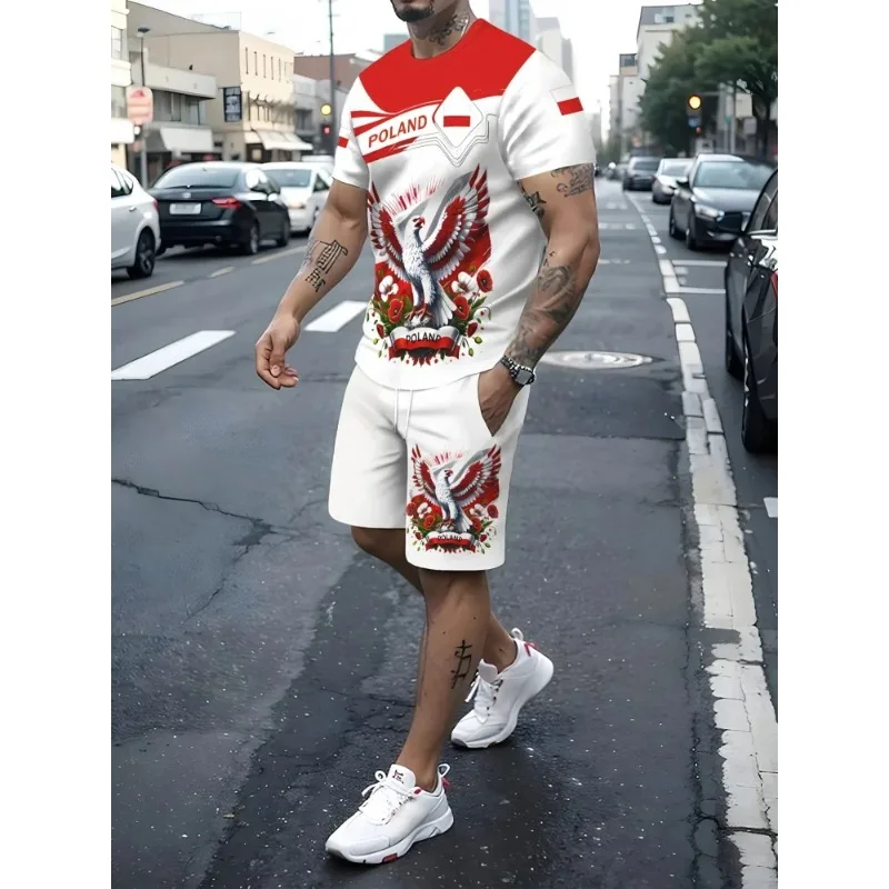

2025 повседневная городская уличная одежда из двух предметов, летний мужской комплект с короткими рукавами, рубашка с короткими рукавами и 3D принтом красного орла, шорты