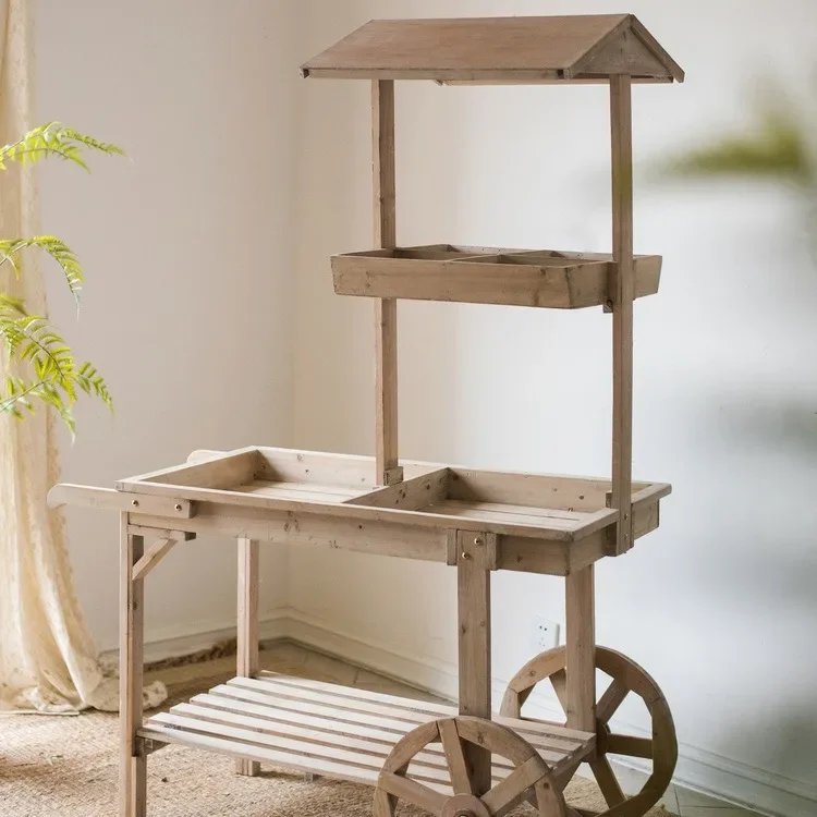 Street stall hand push solid wood float flower stand flower decorative display stand multi-functional retro Long Lasting