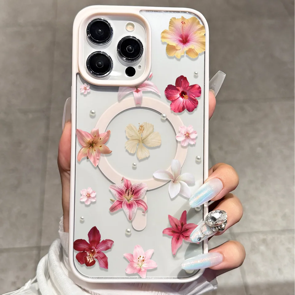Funda protectora transparente de estilo Ins con flores preservadas y secas y perlas, magnética, compatible con iPhone 11-17 Pro/Pro Max/Plus/Air y Samsung S23/S24/S25 Plus/Ultra, carga inalámbrica magnética fuerte, universal para accesorios magnéticos 4