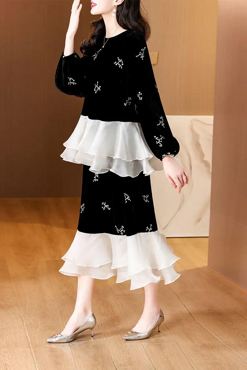 2024 Women Korean Elegant Luxury Two Piece Sets Autumn Winter Black Velvet Patchwork Mesh Top Coat+Half Length Skirt Kawaii Suit