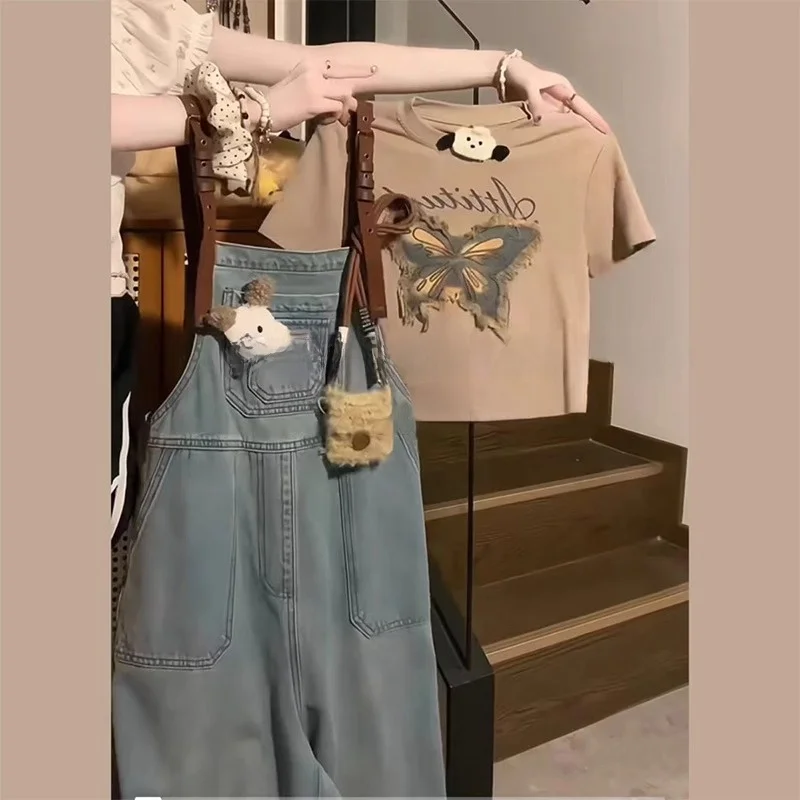 

Summer Fashion Print round Neck Short Sleeve Denim Overalls Two-Piece Set for Short Women New 2026 Collection
