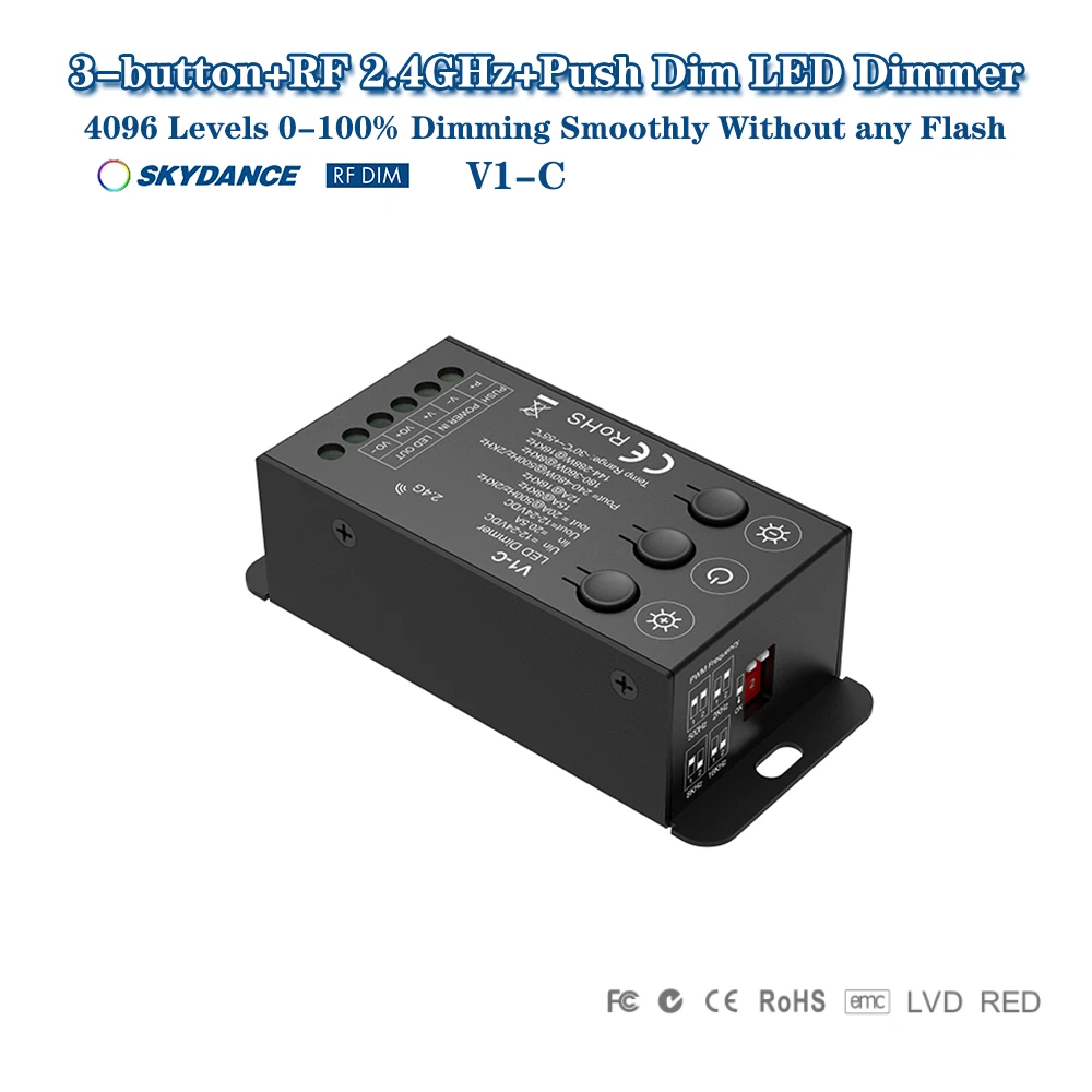 

Skydance V1-C DC12-24V 20A 3-кнопочный + 2,4 ГГцRF + Push Dim PWM одноцветный светодиодный диммер контроллер для светодиодных лент