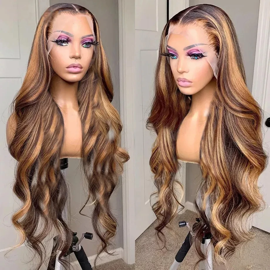 Body Wave Human Hair 13x6 Lace Frontal Wigs Blonde   with Black Pre Plucked 13x4 Highlight Transaprent Lace Front Wig for Women