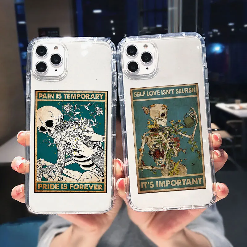 Fashin Skeleton Skull Flowers Pattern Phone Case for IPhone XR X XS 14 11 12 13 Pro MAX 7 8Plus SE2 Clear Soft Shockproof Cover