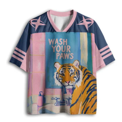 Wash Your Paws Tiger Oil Painting Print Men V Neck Mesh Jersey Cute Animal Short Sleeve Top