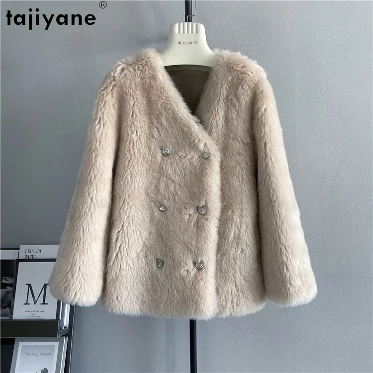 Fujiyane jaket cukur domba elegan baru mantel wol murni musim dingin 100% mantel bulu pendek Double Breasted Veste Femme