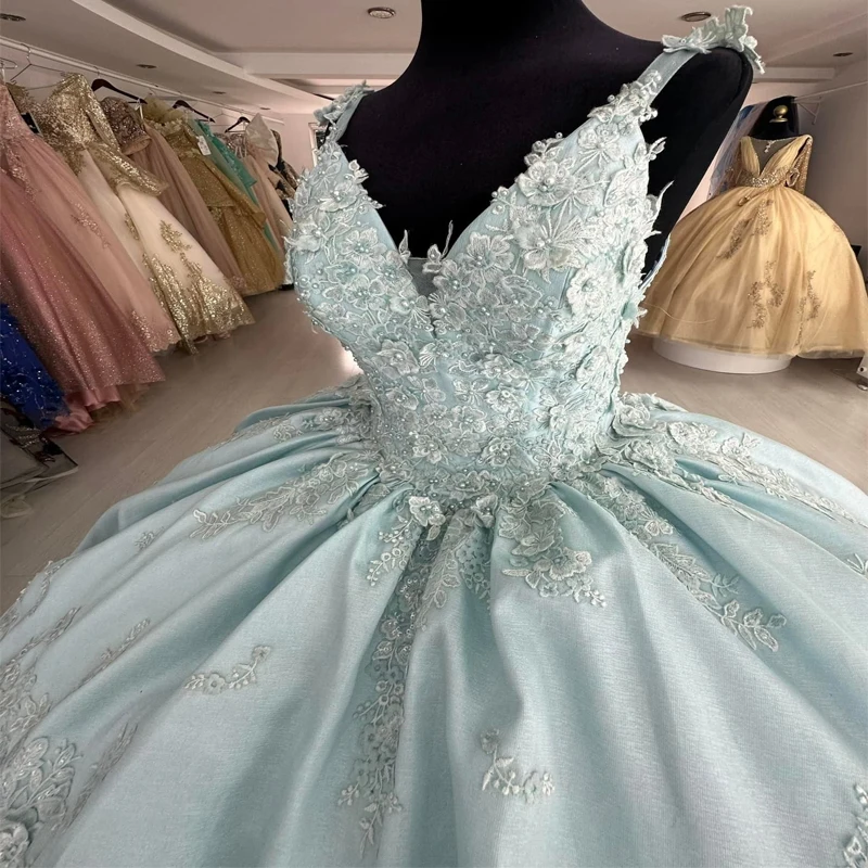 

Aqua Blue V-Neck Princess Quinceanera Dresses 2025 Appliques lace-up Corset Off Shoulder Vestidos De 15 Años Prom