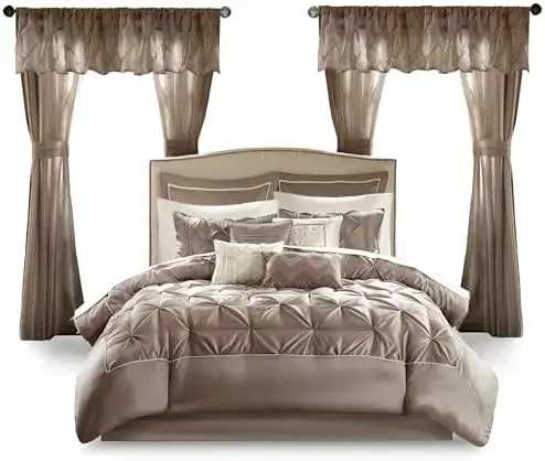 Essentials Room in a Bag Faux Silk Comforter Set - Luxe Diamond Tufting All Season Bedding, Matching Curtains