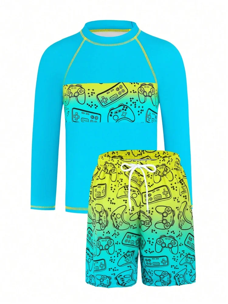 Boy Kids Swimsuit 2026 New Cyan Long Sleeves Game Console Print Children Swimwear Summer Two Piece Beachwear Shorts Bathing Suit