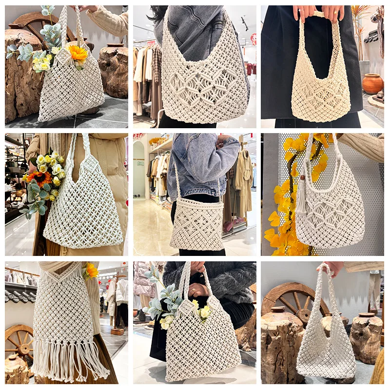 

Rope Crochet Women Shoulder Bag Bohemian Hollow Woven Bags for Women Handmade Knitting Handbags Travel Beach Bag Shopper Hobos