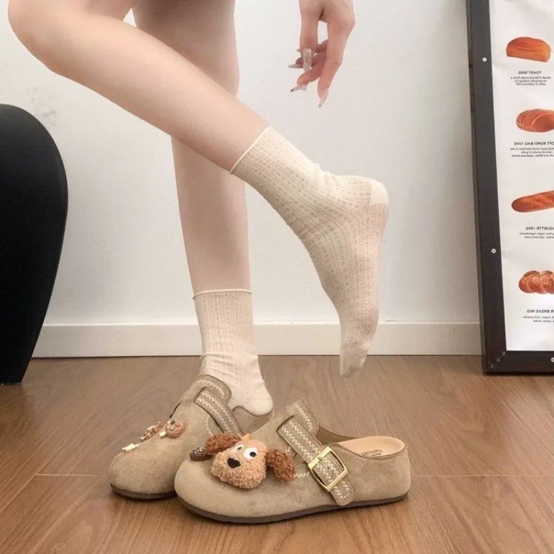 Cute Women Suede Boston Clogs Mules Flat Backless Slip On Plush Dog Doll Snack Charms Buckle Autumn Shoes