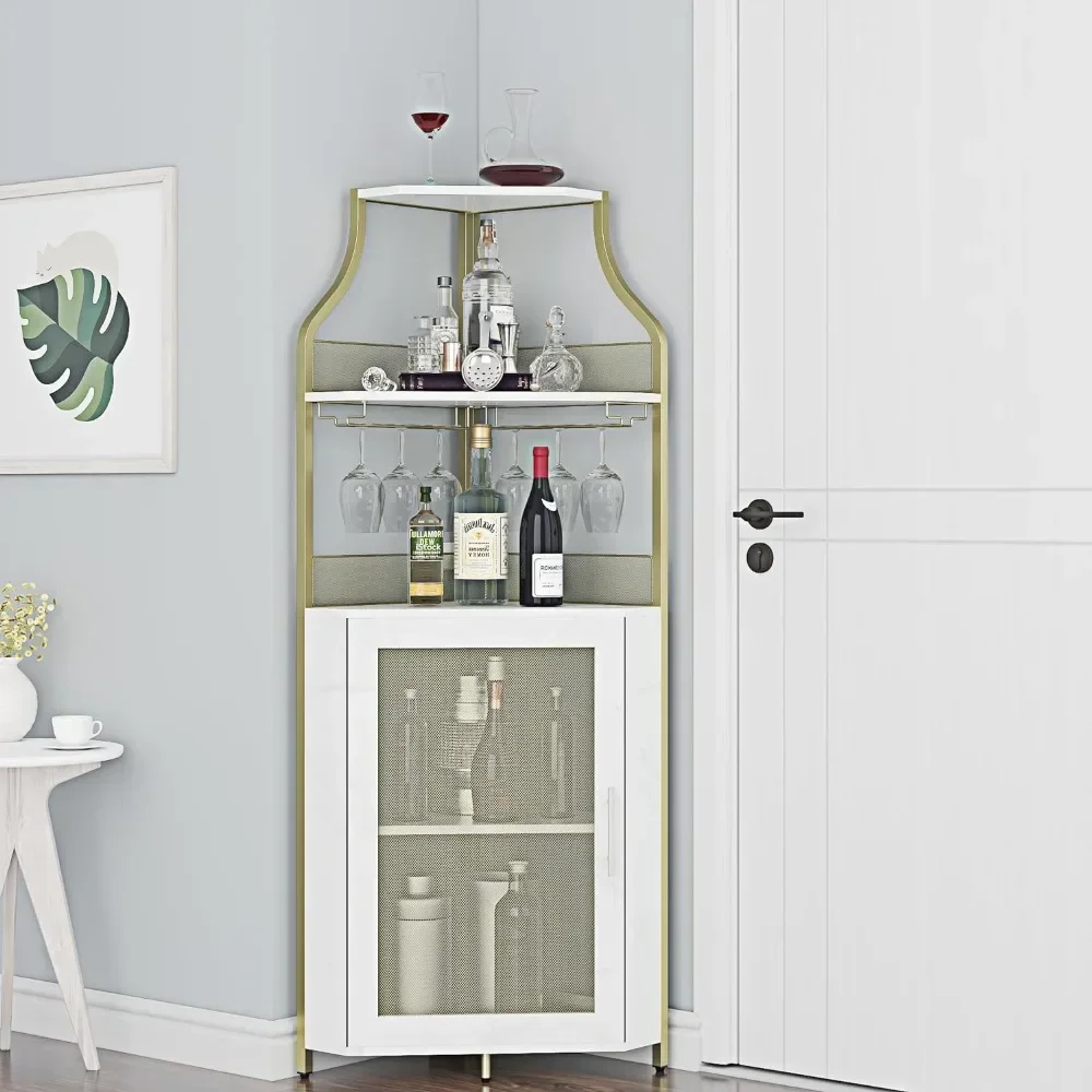 Corner Wine Bar Rack Cabinet with Detachable, Bar Cabinet with Glass Holder, Small Sideboard and Buffet Cabinet with Mesh Door