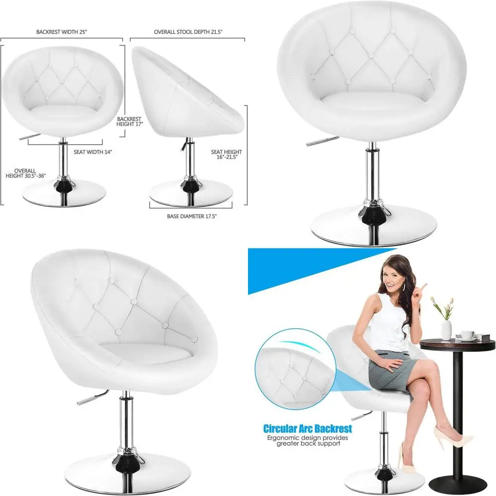 

Modern Adjustable Swivel Makeup Chair with Chrome Base, Round-Back Design for Pub, Bar, White