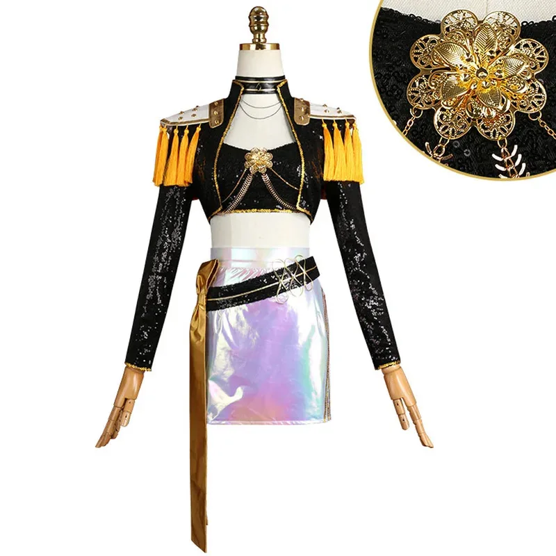 미라 케이팝 데빌 헌터 코스프레 블랙 골드 송 드레스 소녀 할로윈 코스프레 파티 의상