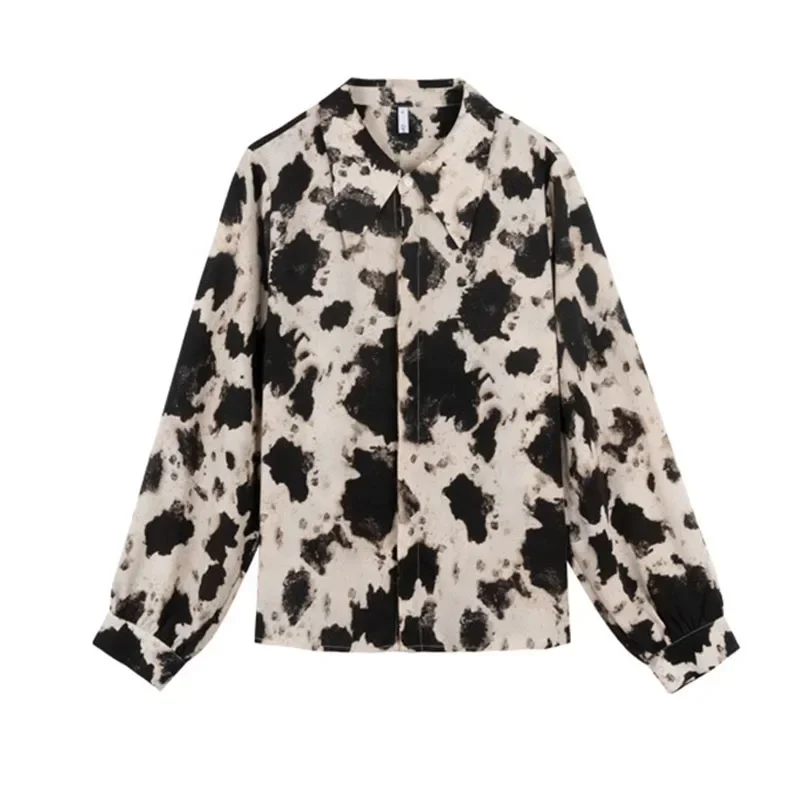 Cow Print Button Up Shirts Women Long Sleeve Blouse Korean Fashion Loose Clothes Chiffon Shirt Streetwear Tops Spring New 13486