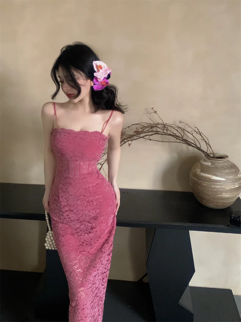 

2025 Summer Women New Pink Lace Dress Sexy but Cute Hollow out Spaghetti Maxi Long Split Dresses vestidos largos de verano