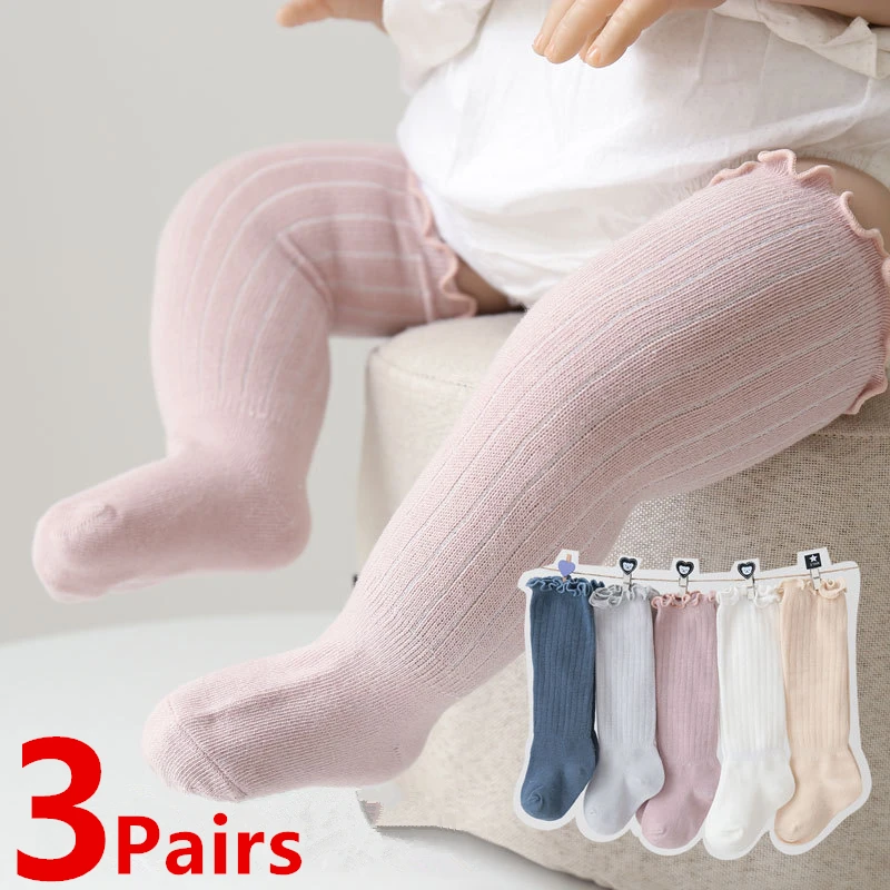 3 Pairs/Lot Baby Boys Girls Socks Knee High Kids Frilly Solid Cotton Long Socks Infant Newborn Summer Children Ruffle Cute Socks