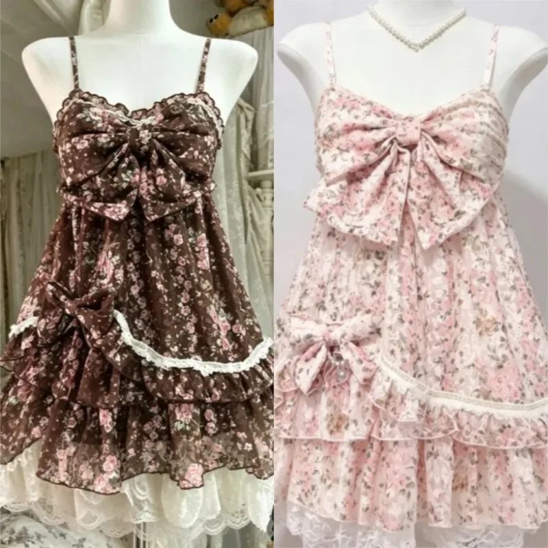 Kawaii Lolita Rüschenkleid Damen Japanisches Süßes Spitzenkleid mit Schleife Vintage Kuchenkleid Harajuku Y2k Bodycon Bandage Kleid 2026 Sommer Neu