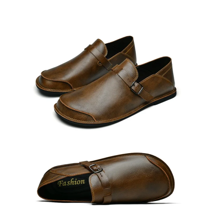 2026 Summer Men'S Comfortable Casual Shoes Solid Color Retro Handmade Leather Le Fu Shoes Suitable For Business And Leisure Wear