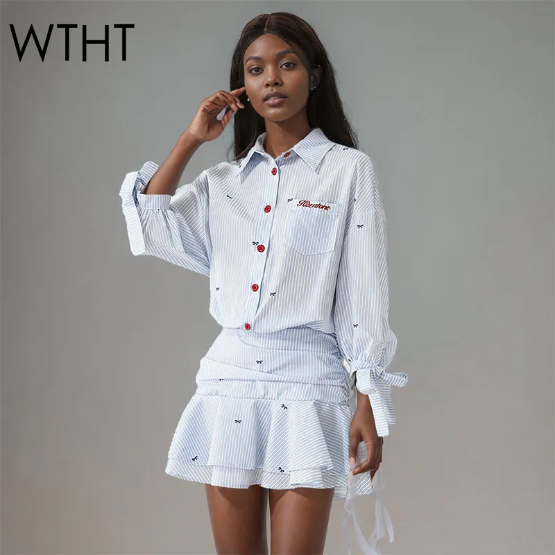 

WTHT Fashion Women Suit Letter Print Lapel Long Sleeves Shirts Striped High-waisted A-line Skirts Set Female 2025 Summer 1LS1678