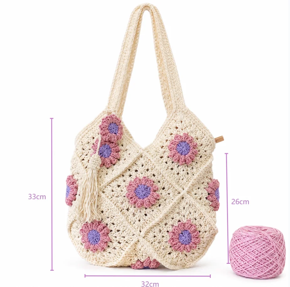 Women Handmade Crochet Shoulder Bag 3D Floral Granny Square Tote Bag Boho Knitted Handbag with Tassel Charm Summer Beach Bag