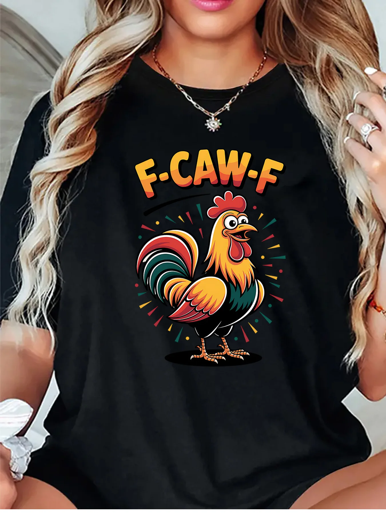 F Caw F Funny Cartoon Rooster Farm Animal Graphic Womens T Shirt Short Sleeve Crew Neck Cute Casual Daily Ladies Tee Tops