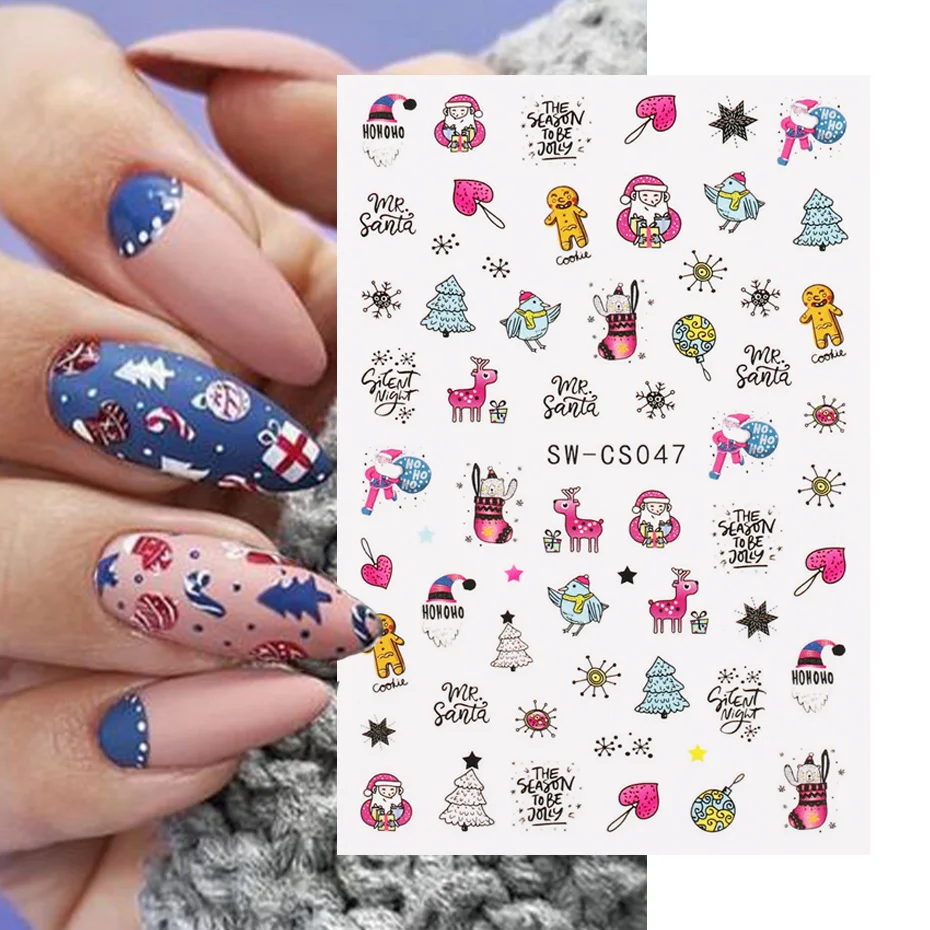 Winter Nail Art Stickers Cute 3D Slider Christmas Holly Santa Snowflakes Elk Love Heart Design Manicure Nail Decorations BESW-CS