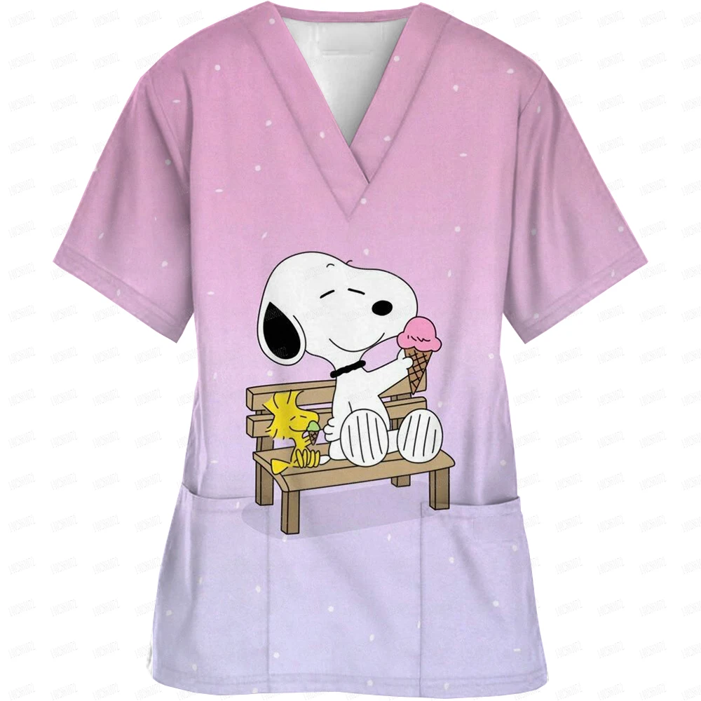 Nurse Uniform Women Short Sleeve Snoopy print Working Uniform Pocket Blouse Scrubs Tops Nursing Medical Uniforms Accessories