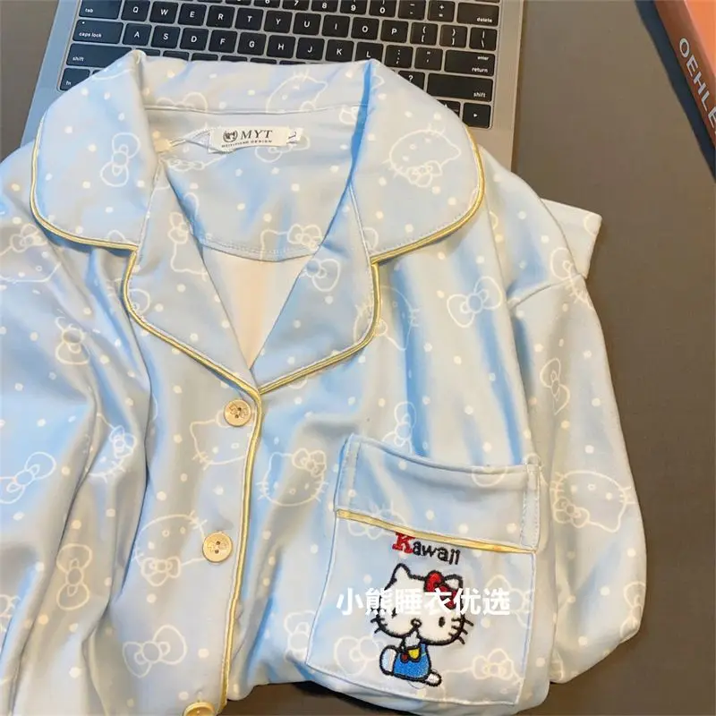 Fille ensemble de vêtements de détente microvilli bonjour kitty kawaii dessin animé étudiant décontracté automne hiver revers cardigan vêtements de maison pyjamas nouveau chaud