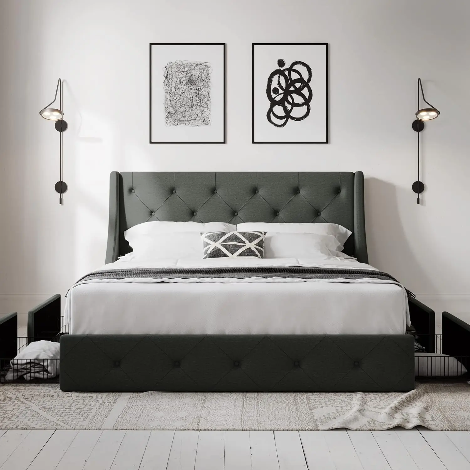 Queen Bed Frame With 4 Storage Drawers And Wingback Headboard, Button Tufted Design, No Box Spring Needed, Dark Grey