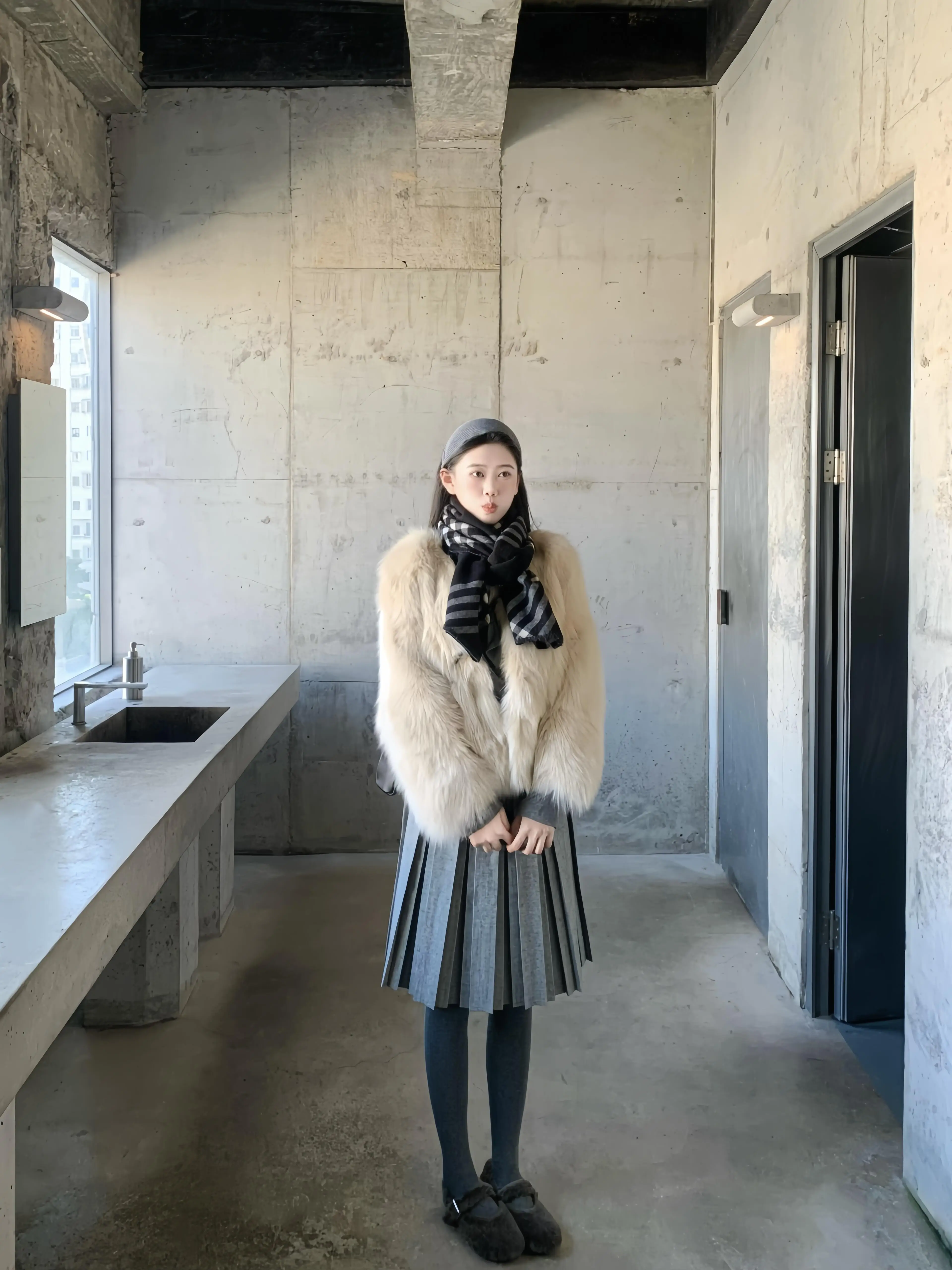 Retro Double Layered Geometric Pleat Light Grey Woolen Midi Skirt Women's Autumn Winter New Style Grey Series Pleated Skirt