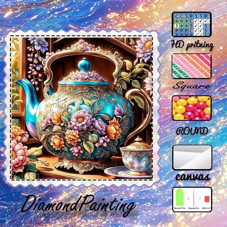 1 piece 5D DIY flocking cloth, special drill, diamond painting kit, teapot, flower, pattern mosaic, diamond art