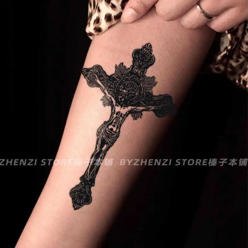 New Cross Jesus Geometric Art Totem Waterproof Tattoo Sticker Fake Tattoos for Women Men Hip-hop Arm Thigh Body Temporary Tattoo