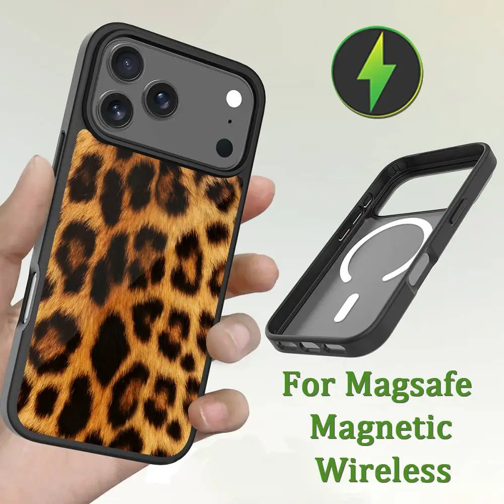 Funda de teléfono con estampado de leopardo para iPhone 13,12,11,16,15,17,14,Pro,Max,Plus,Mini,Magsafe, carga inalámbrica magnética