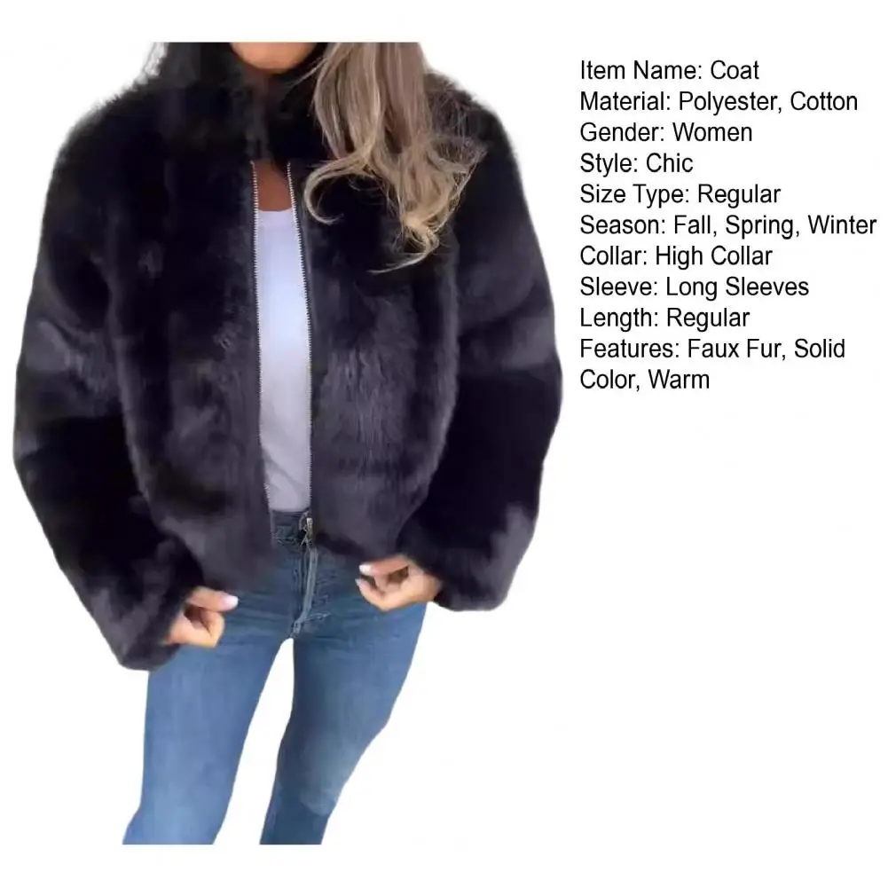 Zip-up Plush Jacket Luxurious Faux Fur Winter Jacket with High Collar Heat Retention for Women Elegant Style for Home Office