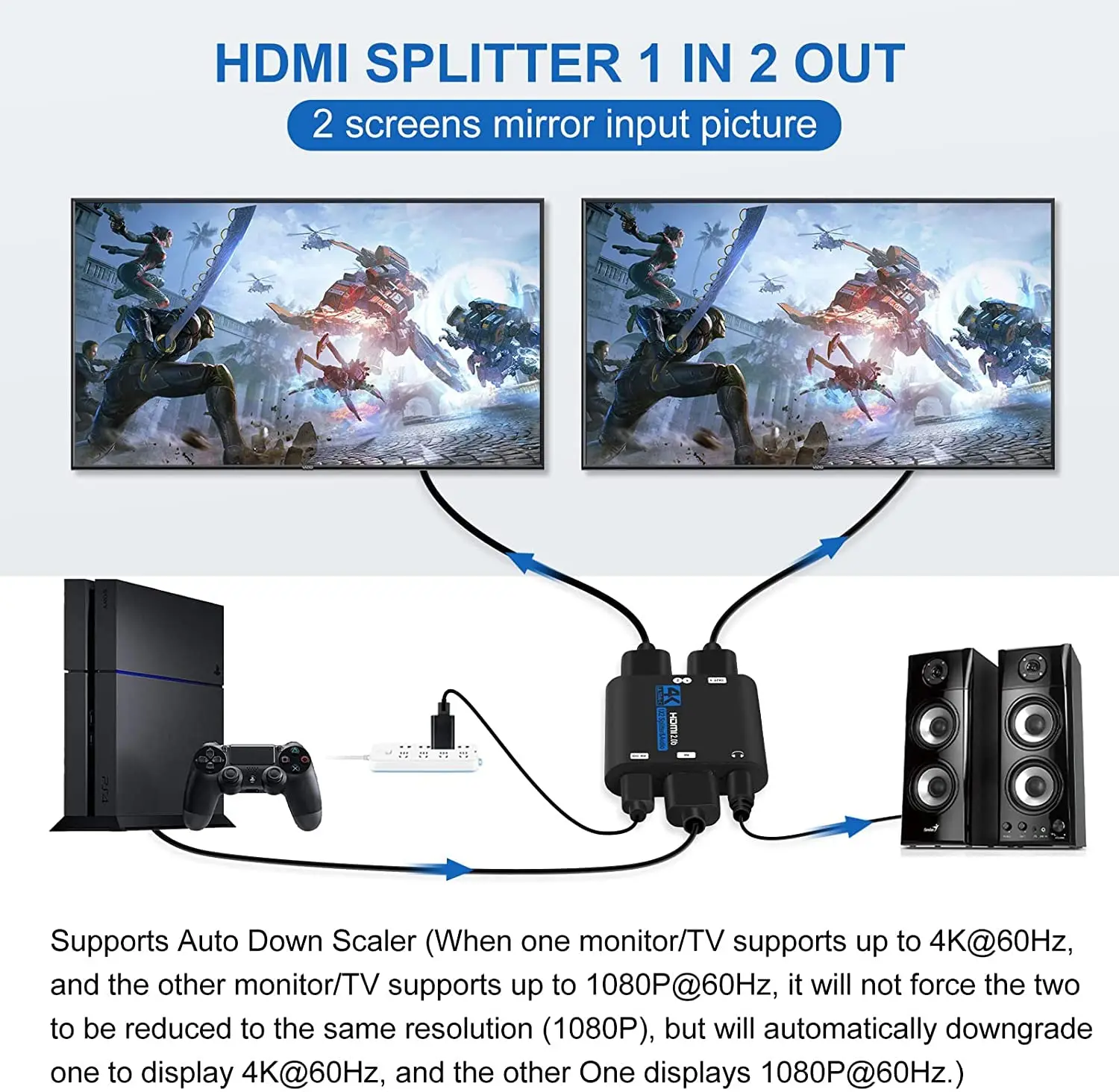 HDMI Splitter 1 in 2 Out HDMI Audio Extractor 4K 60HZ HDMI Splitter Supports Auto Scaling HDCP 2.2, HDR 10 for Xbox PS5