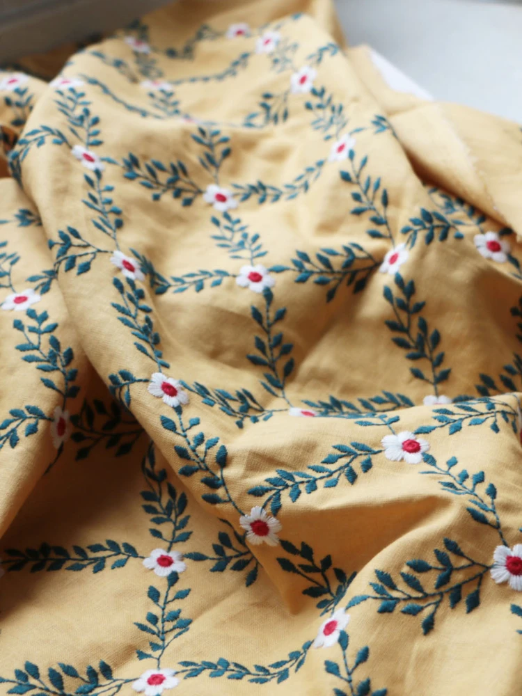 Fabric Width 50x120cm Turmeric Cotton Linen Embroidery Plant Flower Pastoral Decorative Cover Cloth DIY Shirt Dress Ins Style1PC