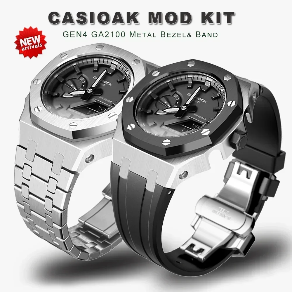 Nieuwe Gen5 Casioak Rvs Case voor G-Shock GA2100 Mod Kits Modificatie Kit Metalen Bezel Rubberen Band voor GA2110 GAB2100 - afbeelding 2