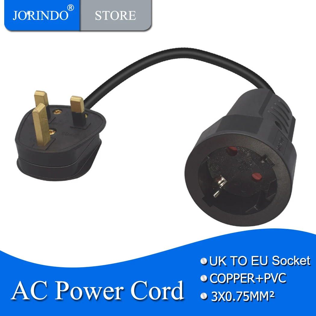 JORINDO UK TO EU4.8MM, British standard three-pin male plug to German standard female holes socket power cord