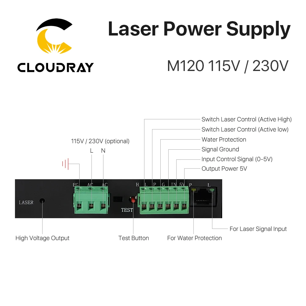 Imagem -05 - Cloudray 120w Fonte de Alimentação do Laser M120 115 230v com Tela Exibição para Co2 Tubo do Laser Máquina Corte Fonte