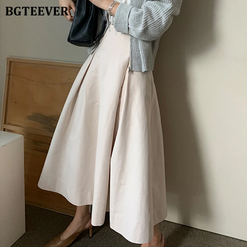 BGTEEVER Autumn Loose Female A-line Skirts Stylish High Waist Ladies Mid-Length Skirts Women Solid Skirts