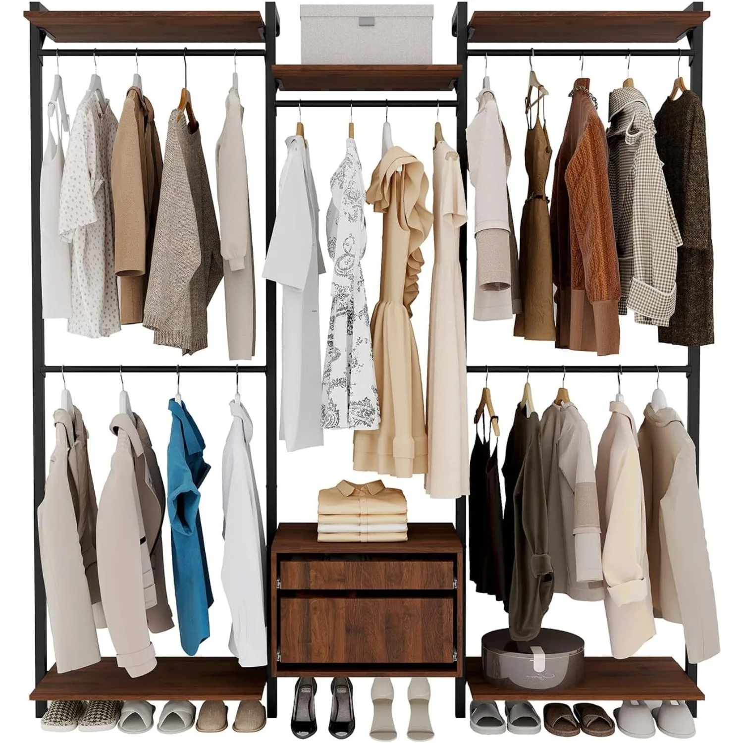 Wall-Mounted Steel & Wood Closet Organizer System with 4 Adjustable Shelves, 5 Hanging Rods, and 2 Drawers – Modern Open Wardrobe, Walnut